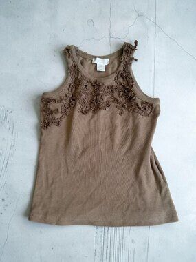 CAROLINE CONSTAS Brown Lace Trim Tank Top Size Small